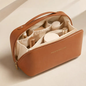 Leather Makeup Travel Bag | Cross Open Cosmetic Organizer with Handle & Divider, Spacious Storage for Beauty Essentials