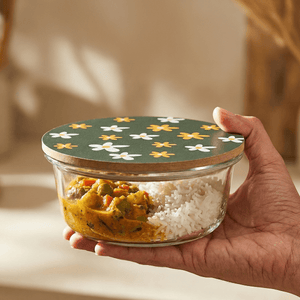 400ml Compact Round Borosilicate Glass Bowl | Artistic Printed Lid for Snacks & Dips