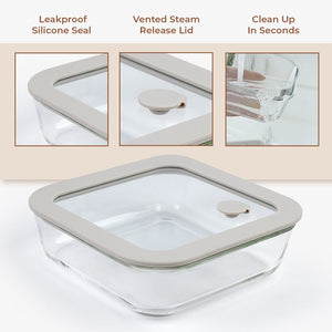 Compact Square Borosilicate Glass Meal Box | 610ml Steam-Vent Lid for Easy Reheating