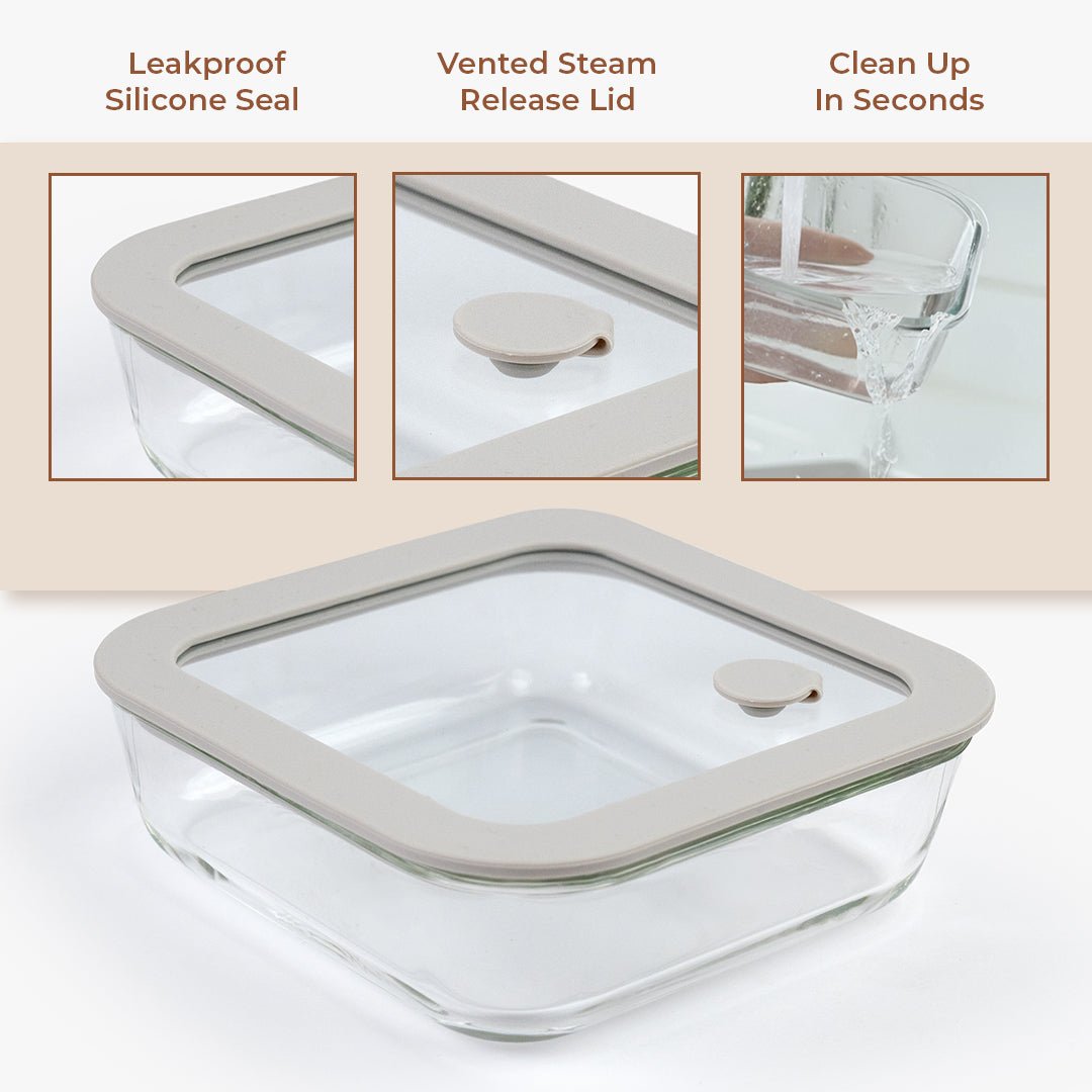 Compact Square Borosilicate Glass Meal Box | 610ml Steam-Vent Lid for Easy Reheating
