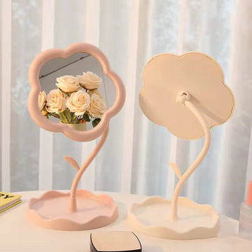 Flower Shaped Makeup Mirror with Tray | Tabletop Vanity Organizer
