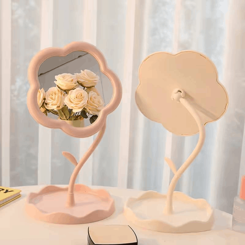 Flower Shaped Makeup Mirror with Tray | Tabletop Vanity Organizer