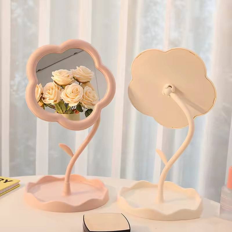 Flower Shaped Makeup Mirror with Tray | Tabletop Vanity Organizer