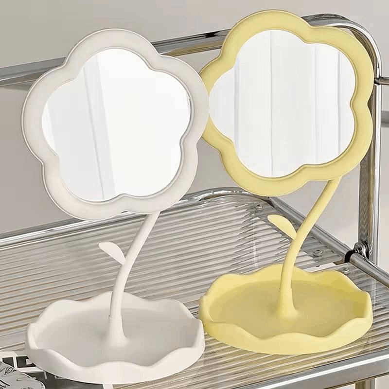 Flower Shaped Makeup Mirror with Tray | Tabletop Vanity Organizer