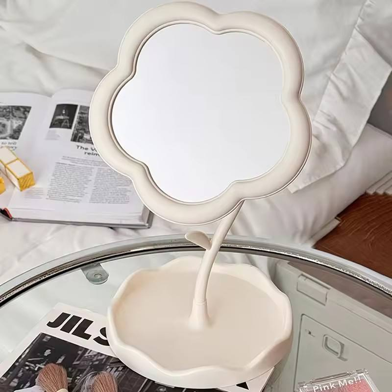Flower Shaped Makeup Mirror with Tray | Tabletop Vanity Organizer