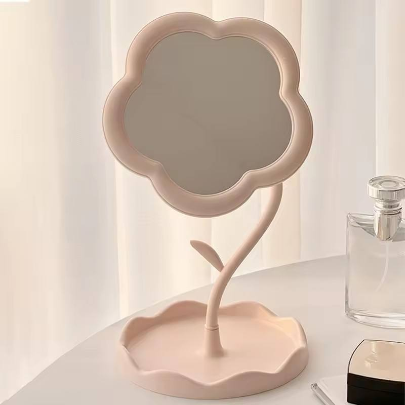 Flower Shaped Makeup Mirror with Tray | Tabletop Vanity Organizer