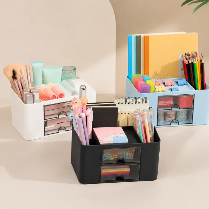 Multi-Functional Desk Organiser with 2 Drawers | Large Capacity Desktop Pen, Pencil & Stationery Storage Holder