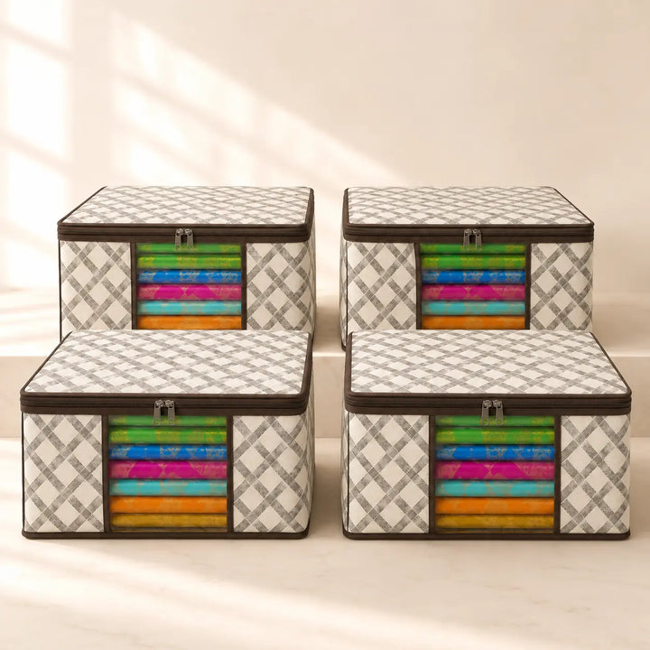 Non-Woven Saree Storage Box with Transparent Window | Foldable Clothes & Blanket Organizer for Wardrobe, Closet & Seasonal Storage (pack 2)