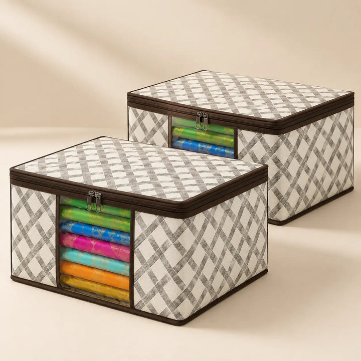 Non-Woven Saree Storage Box with Transparent Window | Foldable Clothes & Blanket Organizer for Wardrobe, Closet & Seasonal Storage (pack 2)