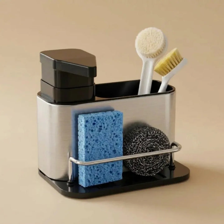 3-in-1 Stainless Steel Kitchen Sink Caddy Organizer with Soap Dispenser, Sponge & Brush Holder