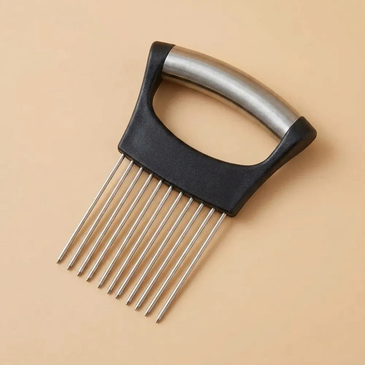 Stainless Steel Onion Holder & Slicer | 10-Prong Vegetable Cutter for Onion, Tomato, Lemon & Fruits | Easy Grip Kitchen Tool