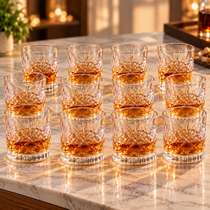 DELLUOGA Set of 6 Prism Cut Whiskey Glasses 205ml | Thick-Walled Wide Mouth Rocks Glasses for Whiskey, Scotch, Bourbon, Cocktails & juices