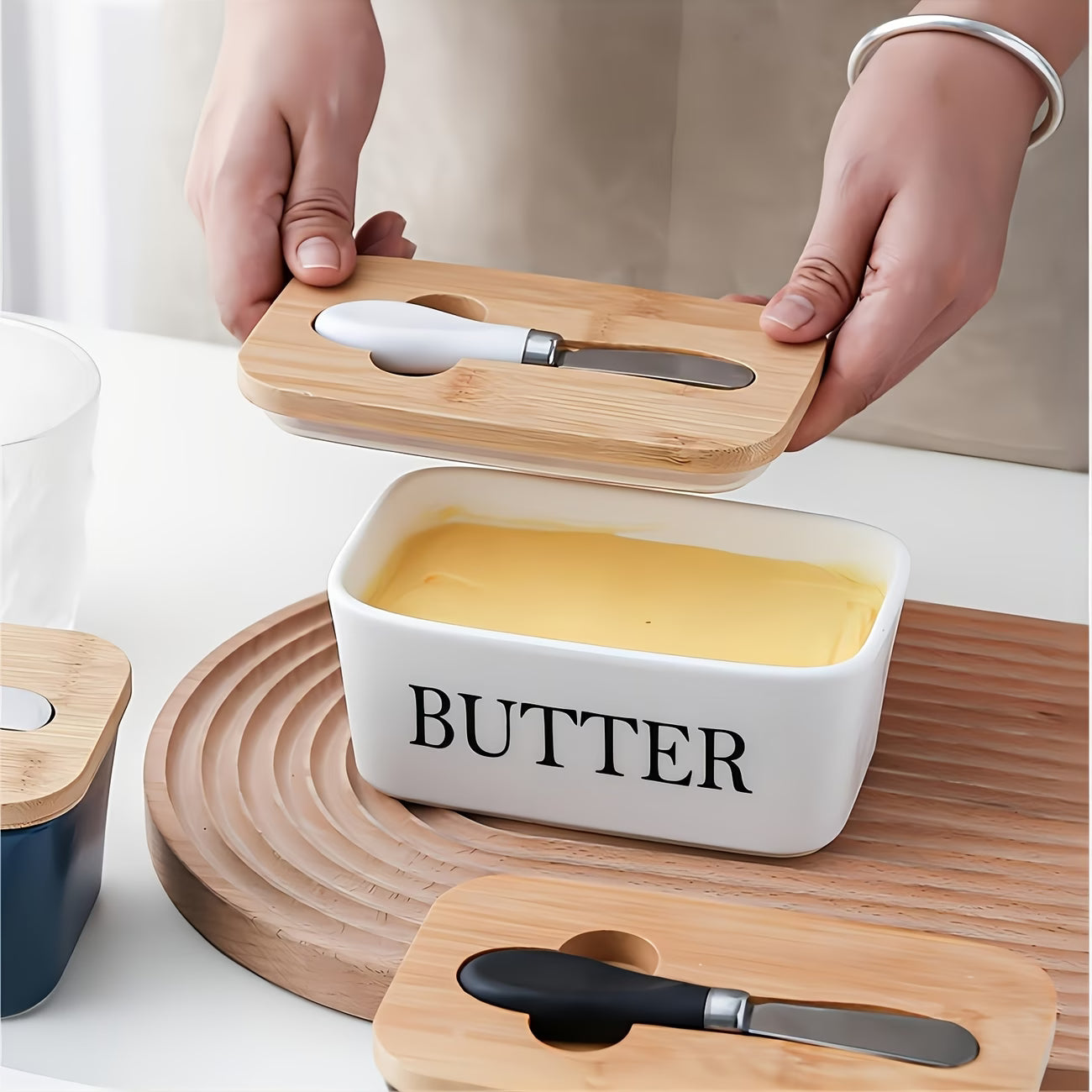 Ceramic Butter Dish With Lid & Knife – Airtight Butter Keeper Container with Silicone Seal for Countertop & Refrigerator