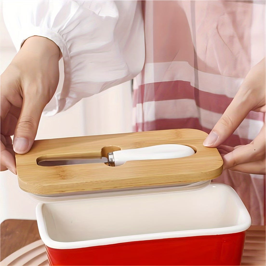 Ceramic Butter Dish With Lid & Knife – Airtight Butter Keeper Container with Silicone Seal for Countertop & Refrigerator