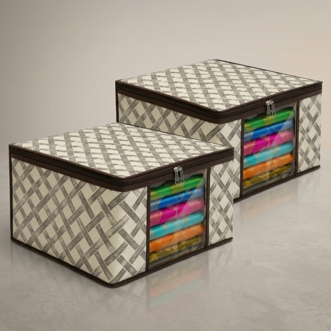 Non-Woven Saree Storage Box with Transparent Window | Foldable Clothes & Blanket Organizer for Wardrobe, Closet & Seasonal Storage (pack 2)