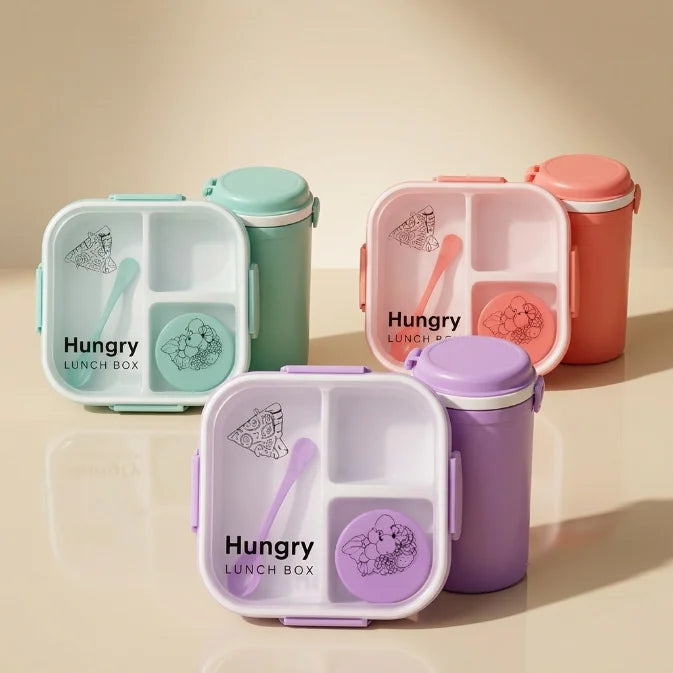 Lunch Box Set with Water Bottle & Spoon | 3 Compartment Leak-Resistant Lunch Box for Kids & Adults | BPA-Free Portable Tiffin Box