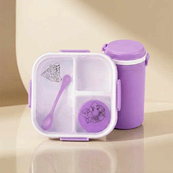 Lunch Box Set with Water Bottle & Spoon | 3 Compartment Leak-Resistant Lunch Box for Kids & Adults | BPA-Free Portable Tiffin Box