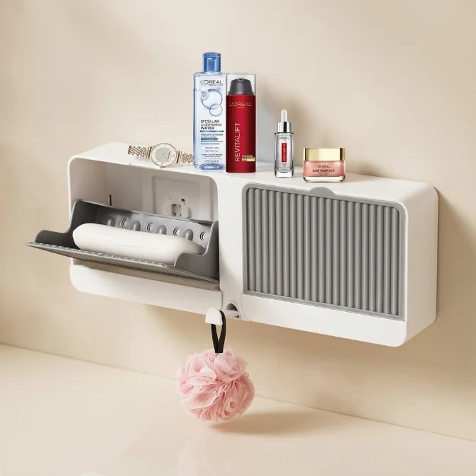 2-in-1 Wall Mounted Soap Holder with Hooks | Self Draining No Drill Soap Dish