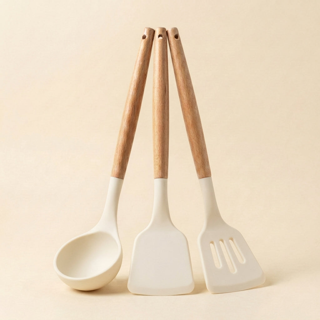 3-Piece Silicone Kitchen Utensil Set with Wooden Handles | Non-Stick Cooking Spatula, Turner & Soup Ladle, Heat Resistant Kitchen Tools