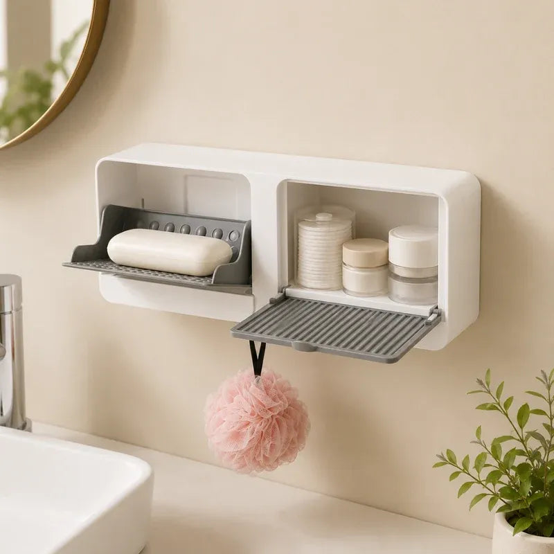 2-in-1 Wall Mounted Soap Holder with Hooks | Self Draining No Drill Soap Dish