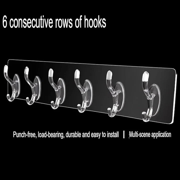 Housious® Self-Adhesive 6 Hook Strip – Transparent Heavy Duty Hooks for Wall Hanging
