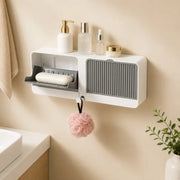 2-in-1 Wall Mounted Soap Holder with Hooks | Self Draining No Drill Soap Dish