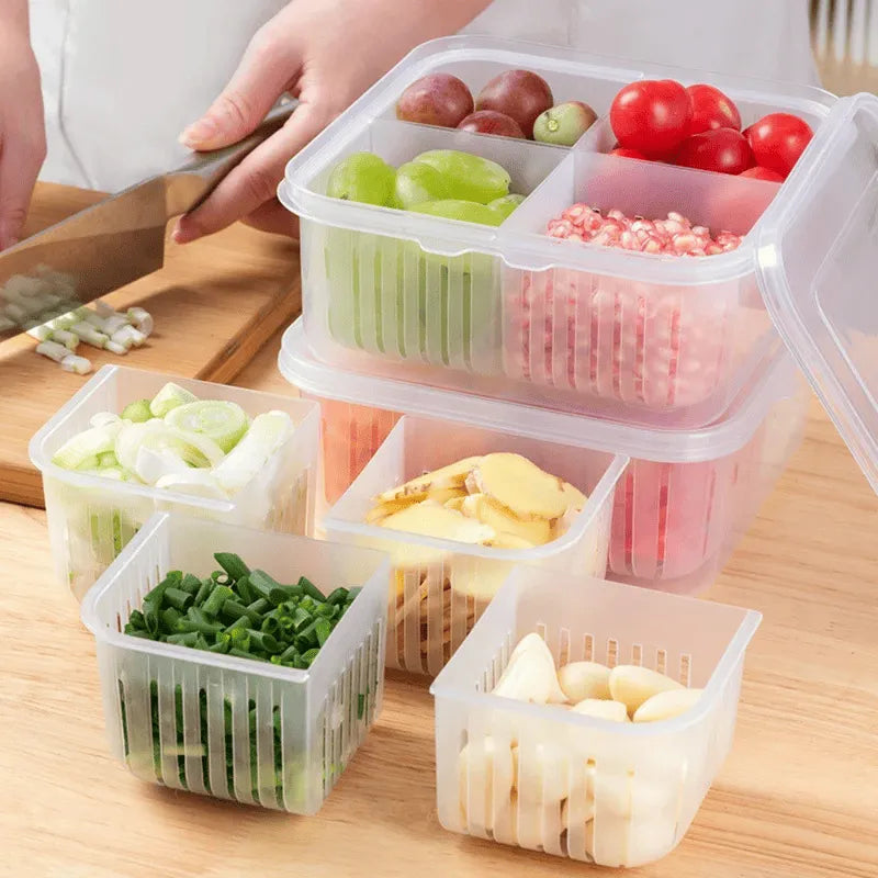 4 Grid Fridge Organizer Box | Polypropylene Vegetable Storage Container for Garlic, Ginger, Coriander Leaves, Green Chili Diced...