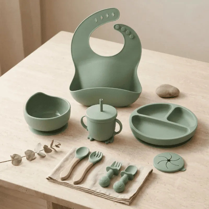 Silicone Baby Feeding Set | Complete Baby-Led Weaning Kit with Bib, Suction Bowl, Divided Plate, Cup, Spoon & Fork