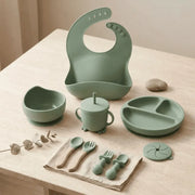 Silicone Baby Feeding Set | Complete Baby-Led Weaning Kit with Bib, Suction Bowl, Divided Plate, Cup, Spoon & Fork