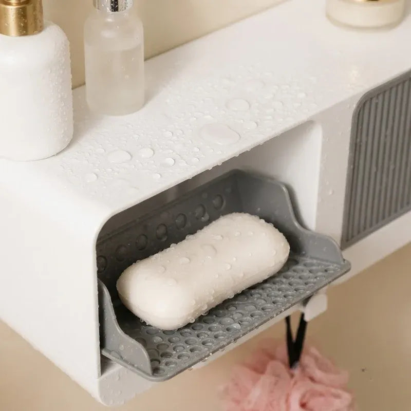 2-in-1 Wall Mounted Soap Holder with Hooks | Self Draining No Drill Soap Dish
