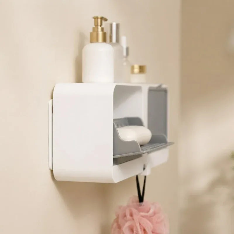 2-in-1 Wall Mounted Soap Holder with Hooks | Self Draining No Drill Soap Dish