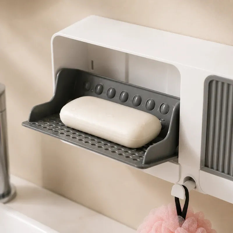 2-in-1 Wall Mounted Soap Holder with Hooks | Self Draining No Drill Soap Dish
