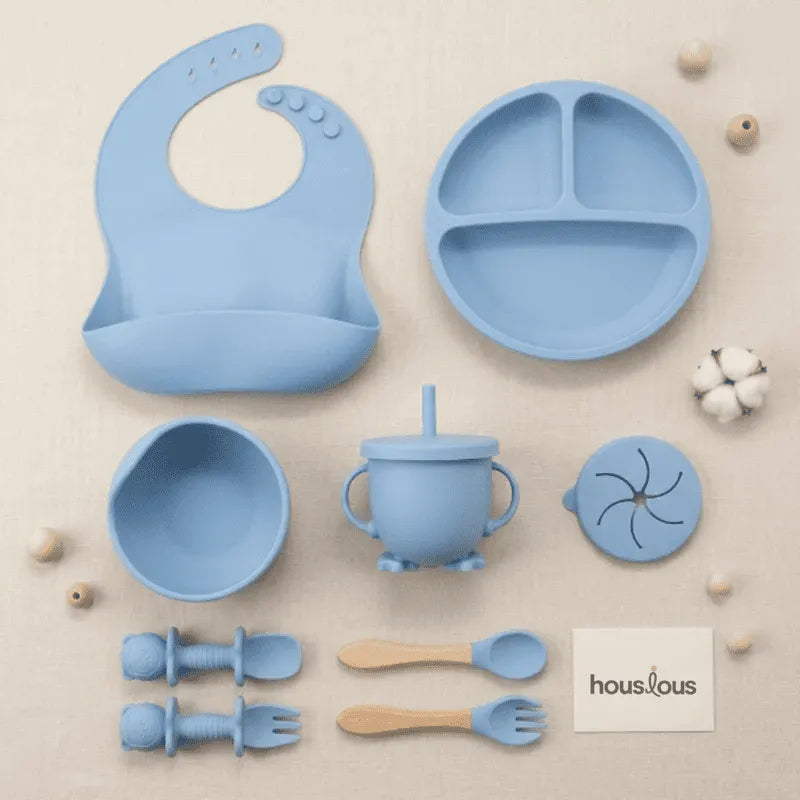 Silicone Baby Feeding Set | Complete Baby-Led Weaning Kit with Bib, Suction Bowl, Divided Plate, Cup, Spoon & Fork