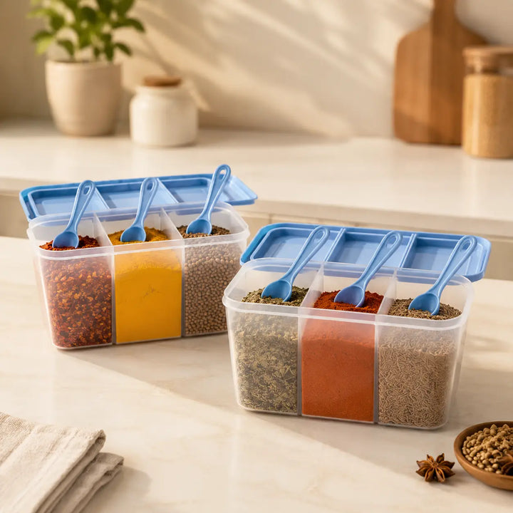 3-in-1 Multipurpose Masala Box with Airtight Containers & 3 Spoons | Transparent Kitchen Storage for Spices, Dry Fruits & Grocery