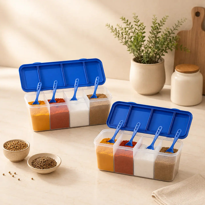 4-in-1 Airtight Masala Box with 3 Spoons | Transparent Spice & Dry Storage Container for Kitchen