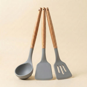 3-Piece Silicone Kitchen Utensil Set with Wooden Handles | Non-Stick Cooking Spatula, Turner & Soup Ladle, Heat Resistant Kitchen Tools