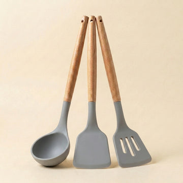 3-Piece Silicone Kitchen Utensil Set with Wooden Handles | Non-Stick Cooking Spatula, Turner & Soup Ladle, Heat Resistant Kitchen Tools