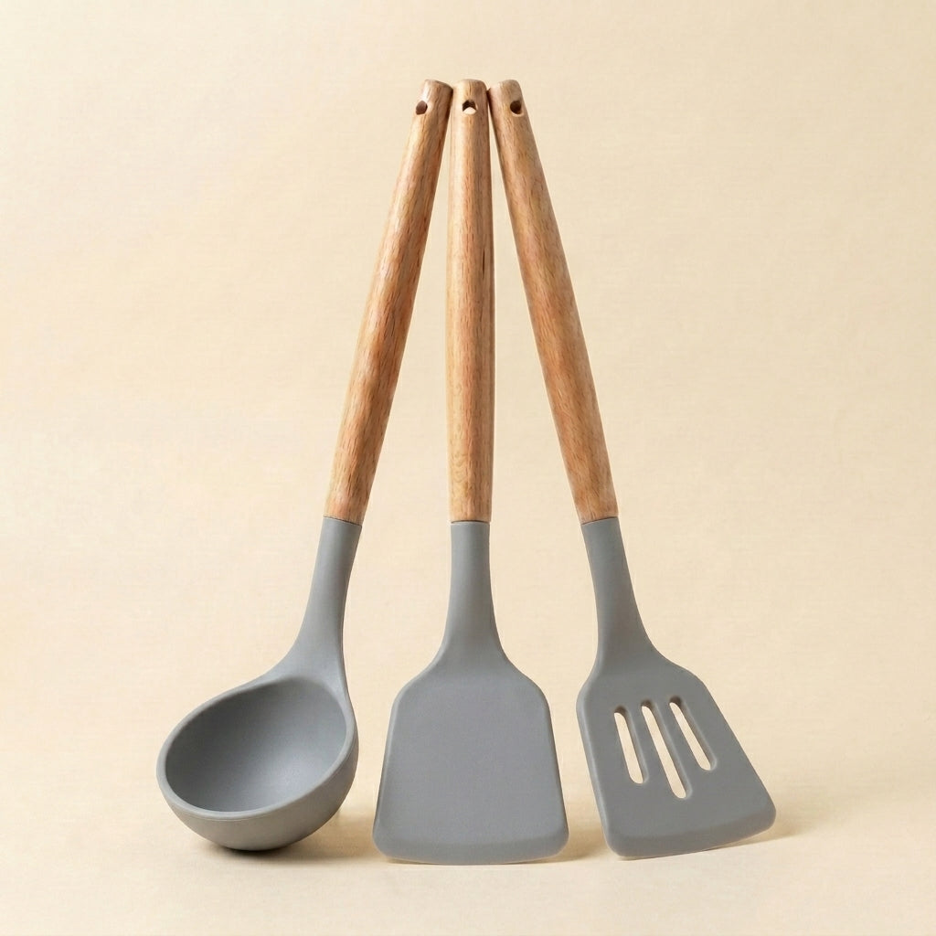 3-Piece Silicone Kitchen Utensil Set with Wooden Handles | Non-Stick Cooking Spatula, Turner & Soup Ladle, Heat Resistant Kitchen Tools