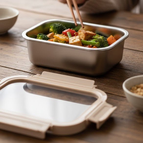 800ml Microwave Safe Steel Container | Glass Lid with Air Vent Food Storage